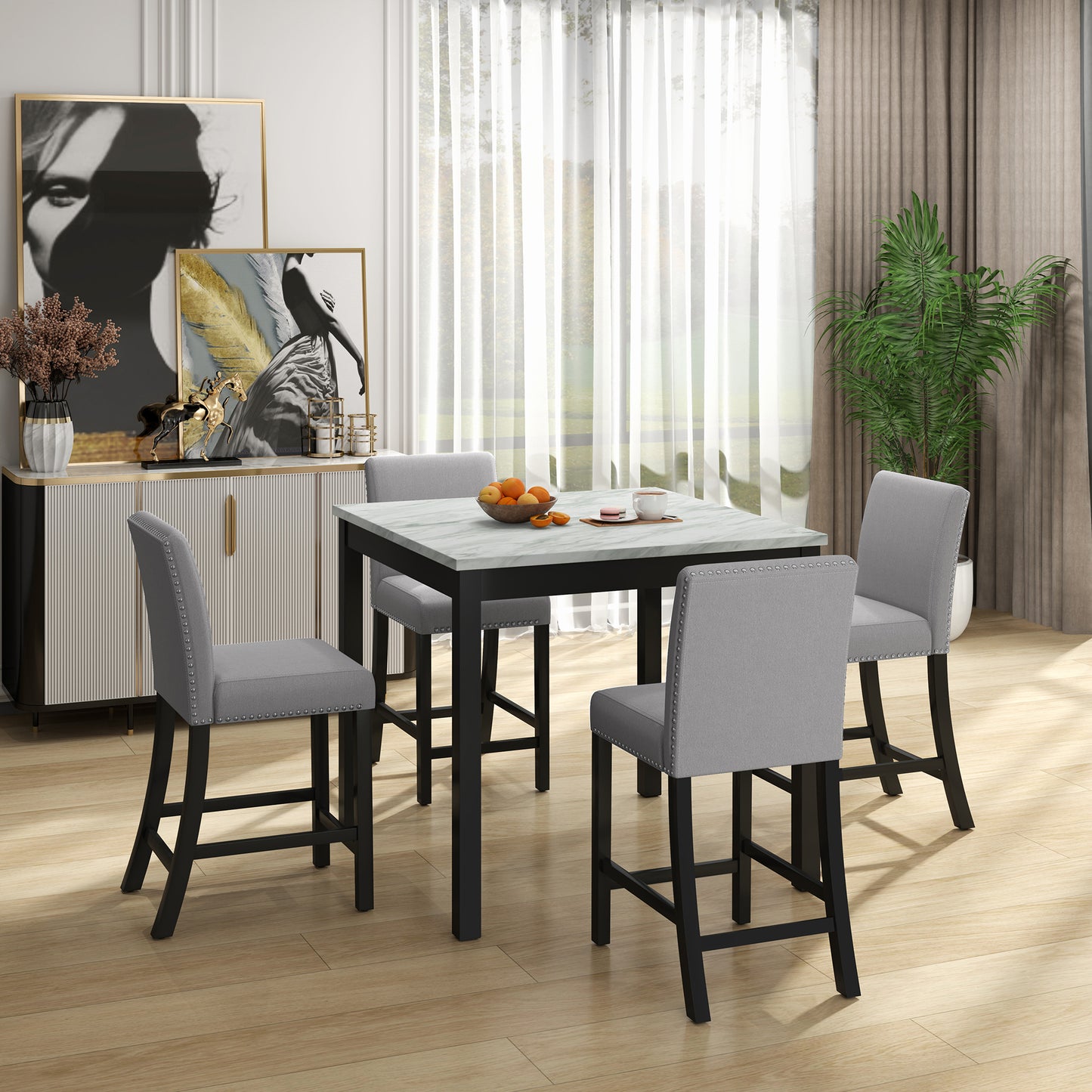 5 Piece Dining Table and Chair Set, Wooden Dining Table and Chair with 4 Chairs for Small Spaces, Modern Square Counter Height Dining Table, Compact Mid-Century Modern Home Table and Chair Set, Uphols