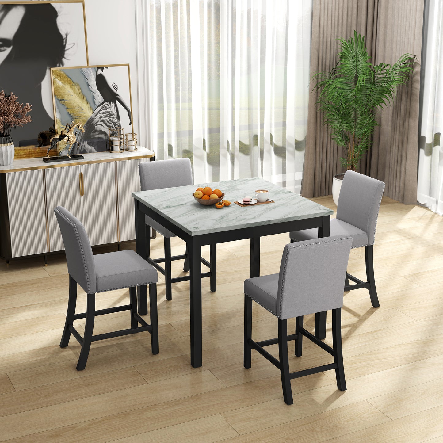 5 Piece Dining Table and Chair Set, Wooden Dining Table and Chair with 4 Chairs for Small Spaces, Modern Square Counter Height Dining Table, Compact Mid-Century Modern Home Table and Chair Set, Uphols