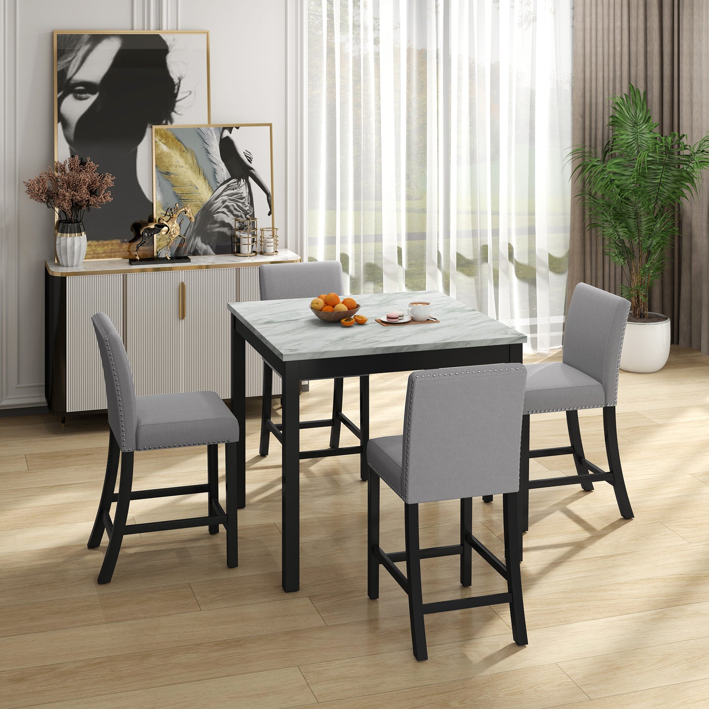 5 Piece Dining Table and Chair Set, Wooden Dining Table and Chair with 4 Chairs for Small Spaces, Modern Square Counter Height Dining Table, Compact Mid-Century Modern Home Table and Chair Set, Uphols