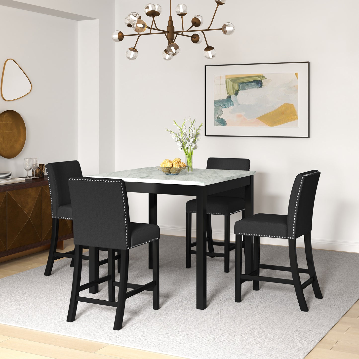 5 Piece Dining Table and Chair Set, Wooden Dining Table and Chair with 4 Chairs for Small Spaces, Modern Square Counter Height Dining Table, Compact Mid-Century Modern Home Table and Chair Set, Uphols