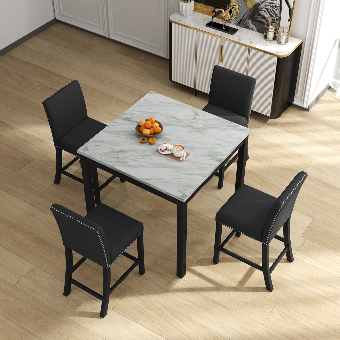 5 Piece Dining Table and Chair Set, Wooden Dining Table and Chair with 4 Chairs for Small Spaces, Modern Square Counter Height Dining Table, Compact Mid-Century Modern Home Table and Chair Set, Uphols