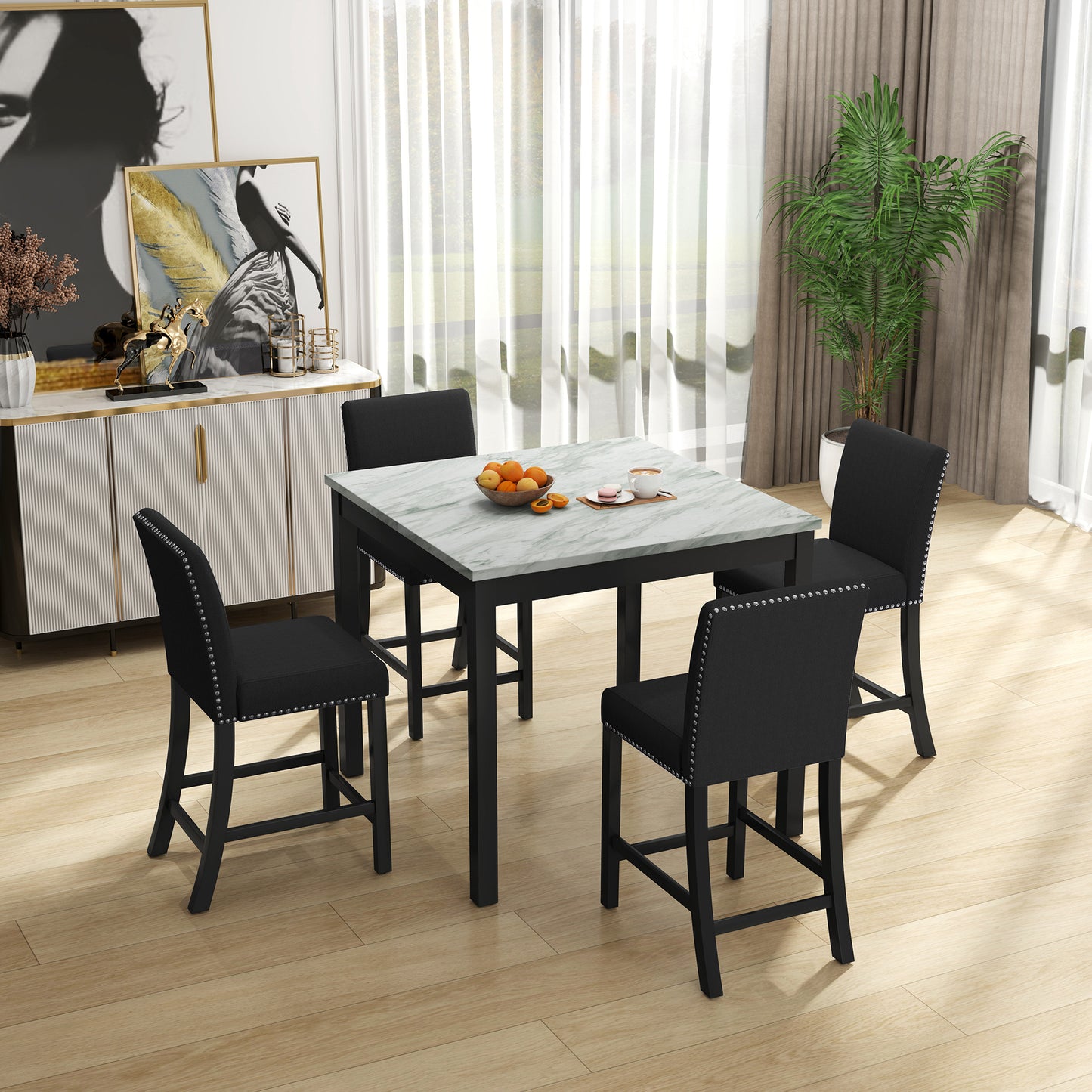 5 Piece Dining Table and Chair Set, Wooden Dining Table and Chair with 4 Chairs for Small Spaces, Modern Square Counter Height Dining Table, Compact Mid-Century Modern Home Table and Chair Set, Uphols