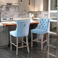 Contemporary Velvet Upholstered Barstools with Button Tufted Decoration and Wooden Legs, and Chrome Nailhead Trim, Leisure Style Bar Chairs,Bar stools, Set of 2 (Light Blue),SW2002LB