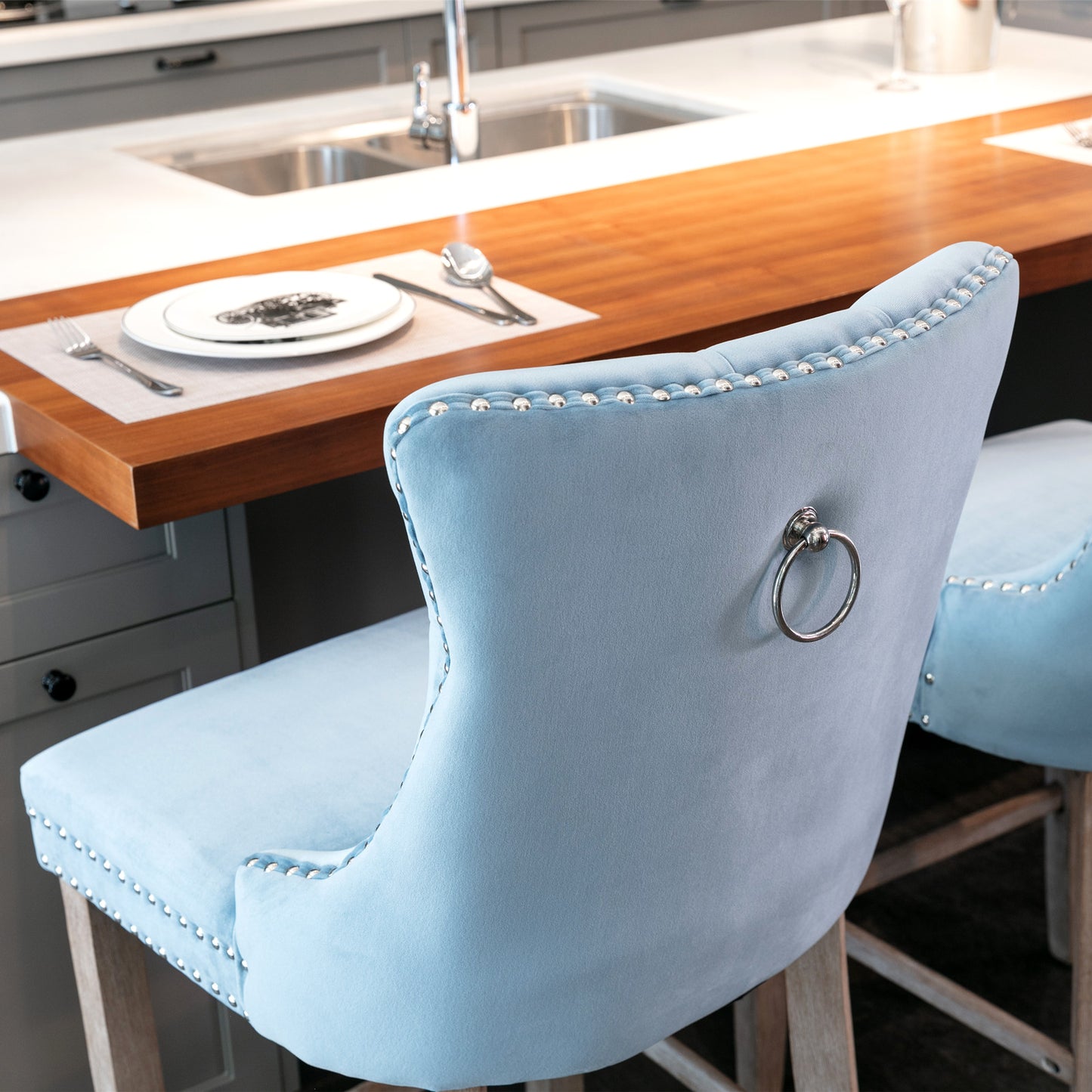 Contemporary Velvet Upholstered Barstools with Button Tufted Decoration and Wooden Legs, and Chrome Nailhead Trim, Leisure Style Bar Chairs,Bar stools, Set of 2 (Light Blue),SW2002LB