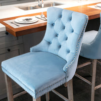 Contemporary Velvet Upholstered Barstools with Button Tufted Decoration and Wooden Legs, and Chrome Nailhead Trim, Leisure Style Bar Chairs,Bar stools, Set of 2 (Light Blue),SW2002LB