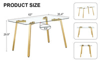 Modern minimalist style rectangular glass dining table with tempered glass tabletop and golden metal legs, suitable for kitchen, dining room, and living room, 63 inches * 35.4 inches * 30 inches