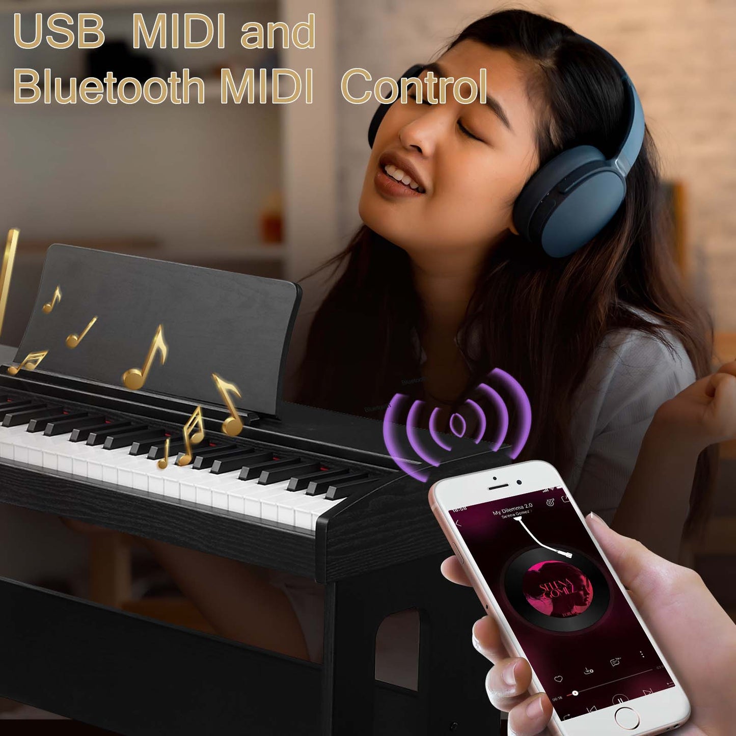 GPP-100 61 Key Piano Semi-Weighted Standard Keyboards Digital Piano with Furniture Stand，MIDI Bluetooth, Headphone，for Piano Lover Black color