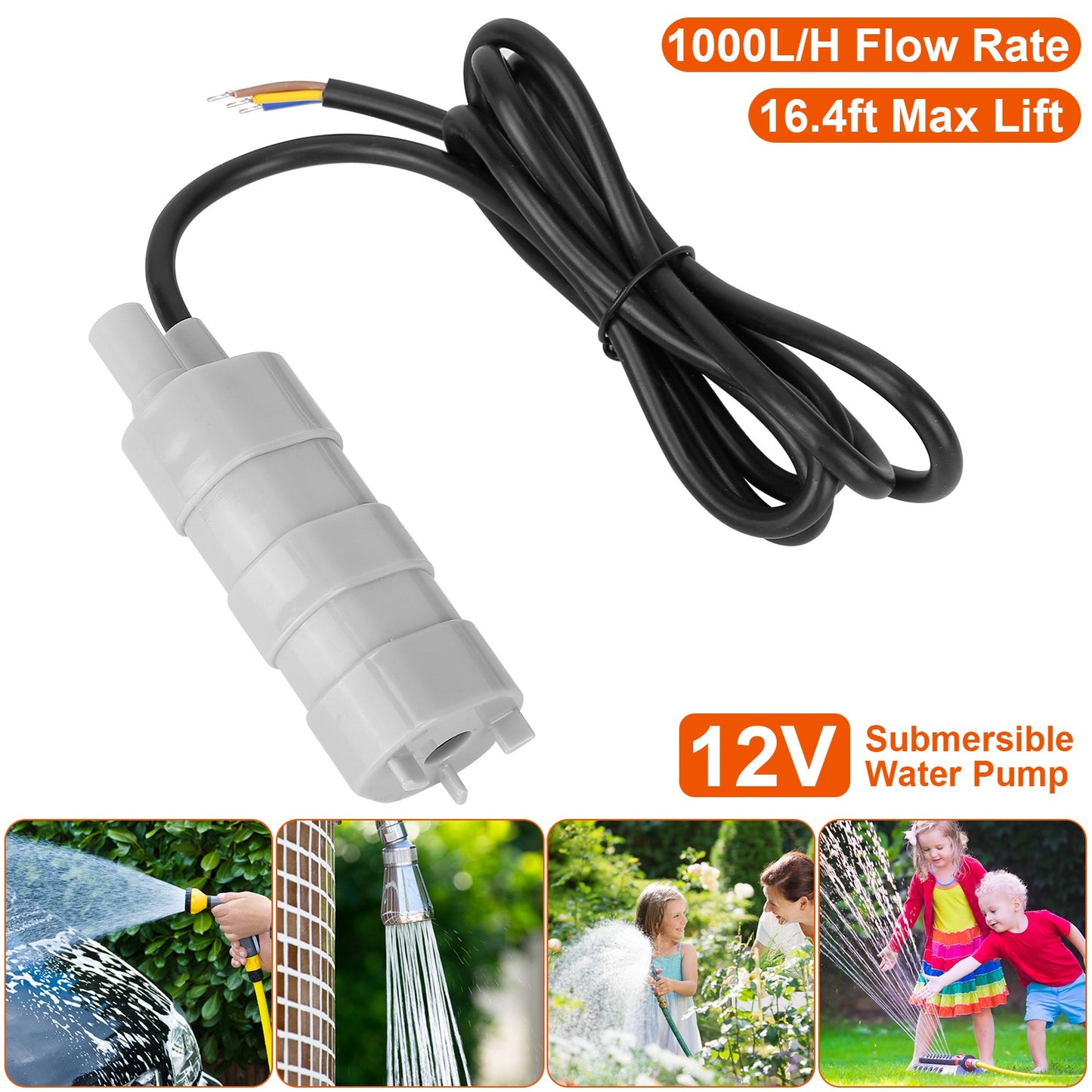 12V Submersible Water Pump with 16.4ft Max Lift 1000L/H Flow Rate for Garden Sprinklers Lawn Shower Tour Vehicles（No shipments on weekends）