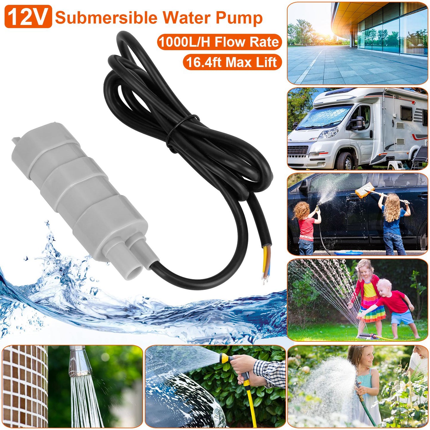 12V Submersible Water Pump with 16.4ft Max Lift 1000L/H Flow Rate for Garden Sprinklers Lawn Shower Tour Vehicles（No shipments on weekends）