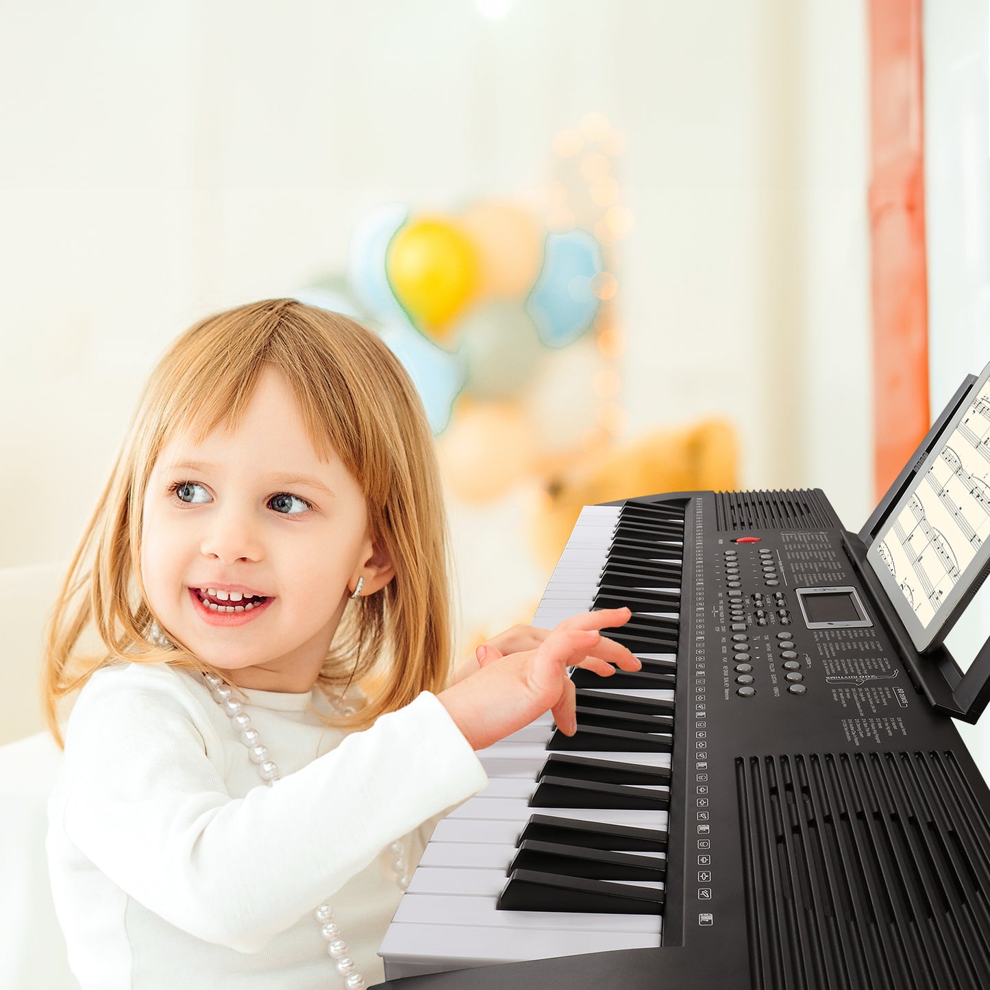 [Do Not Sell on Amazon] GEP-203 61 Key Keyboard with Piano Stand, Piano Bench, Built In Speakers, Headphone, Microphone, Music Rest, LED Screen, 3 Teaching Modes for Beginners