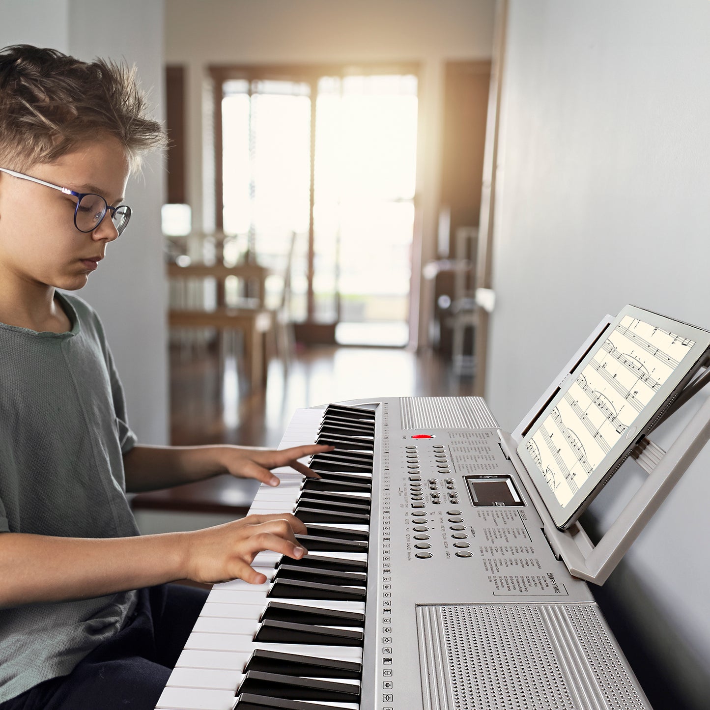 [Do Not Sell on Amazon]GEP-110 61 Key Lighting Keyboard with Piano Stand, Piano Bench, Built In Speakers, Headphone, Microphone, Music Rest, LED Screen, 3 Teaching Modes for Beginners