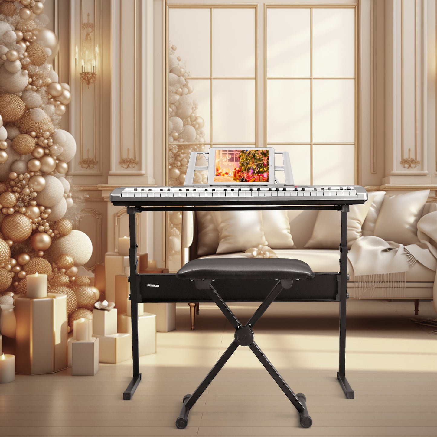 [Do Not Sell on Amazon] GEP-110 61 Key Lighting Keyboard with Piano Stand, Piano Bench, Built In Speakers, Headphone, Microphone, Music Rest, LED Screen, 3 Teaching Modes for Beginners