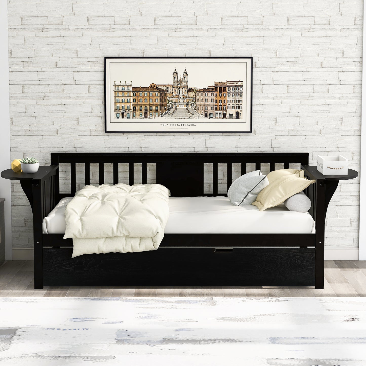 Twin Wooden Daybed with Trundle Bed  , Sofa Bed for Bedroom Living Room, Espresso