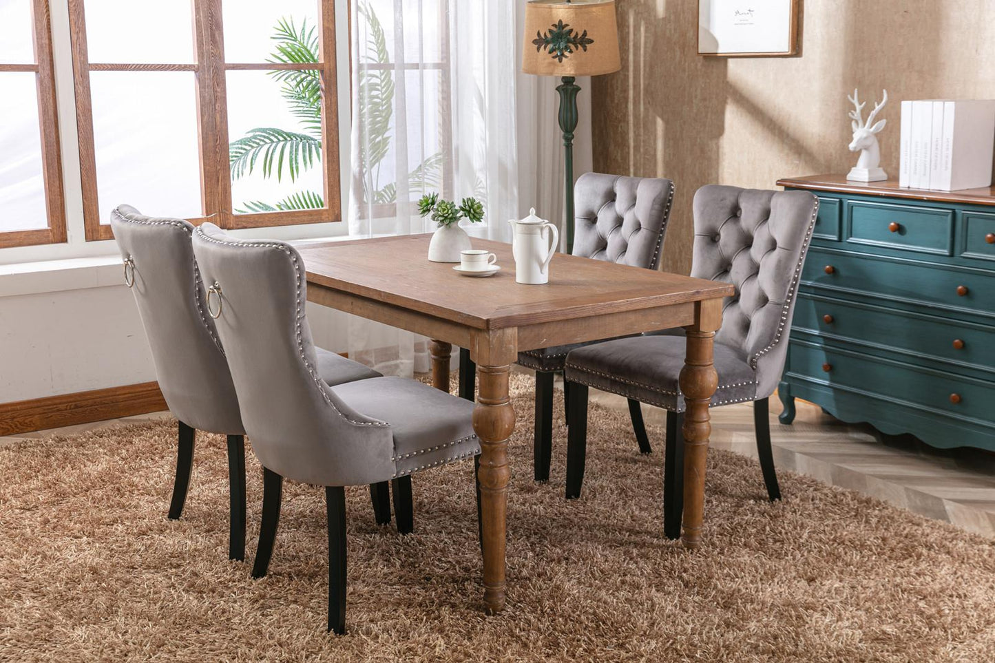 Modern, High-end Tufted Solid Wood Contemporary Velvet Upholstered Dining Chair with Wood Legs Nailhead Trim 2-Pcs Set,Gray