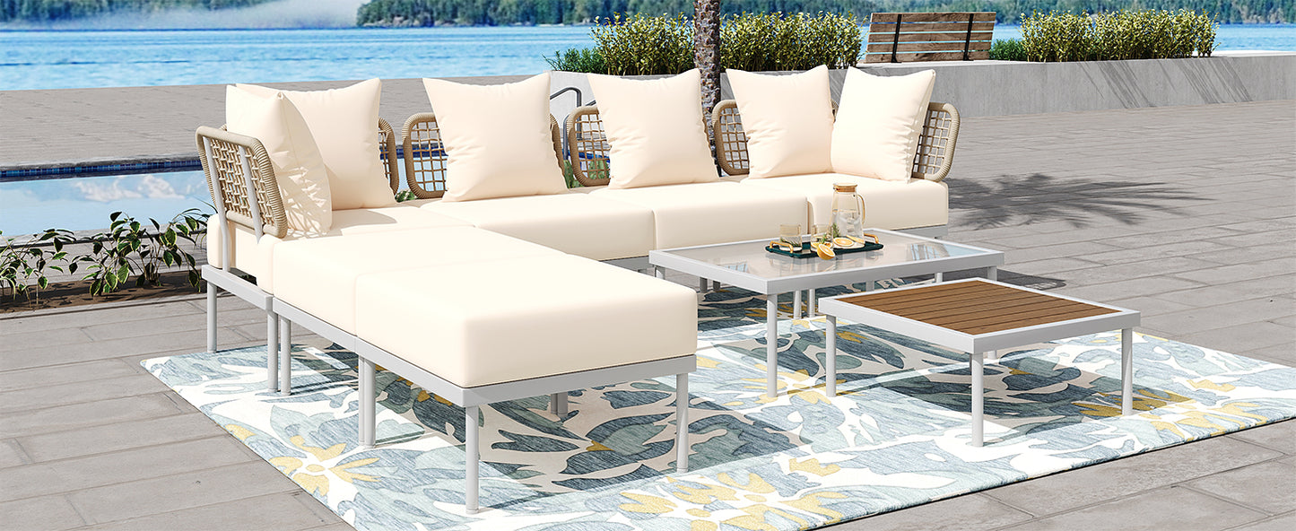 8-Piece Patio Sectional Sofa Set with Tempered Glass Coffee Table and Wooden Coffee Table for Outdoor Oasis, Garden, Patio and Poolside (Beige Cushion + White Steel)