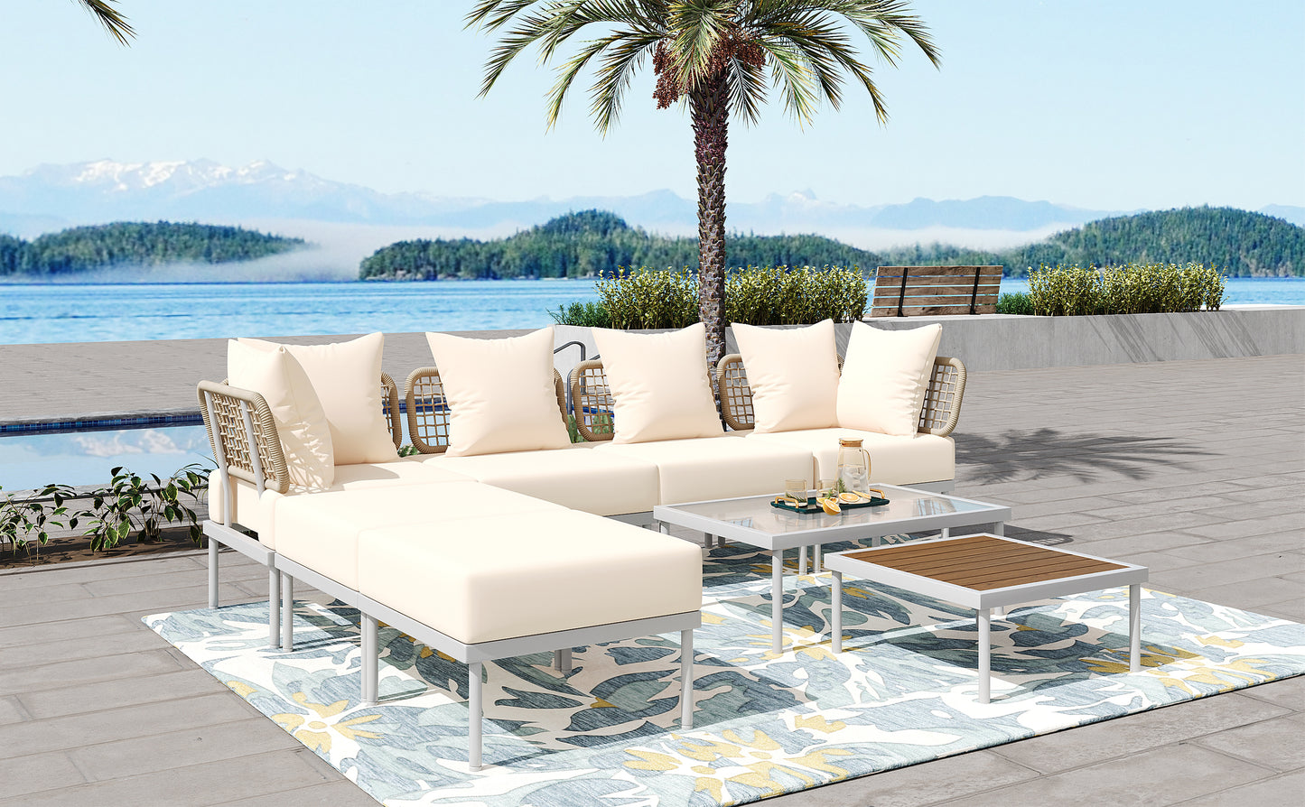 8-Piece Patio Sectional Sofa Set with Tempered Glass Coffee Table and Wooden Coffee Table for Outdoor Oasis, Garden, Patio and Poolside (Beige Cushion + White Steel)