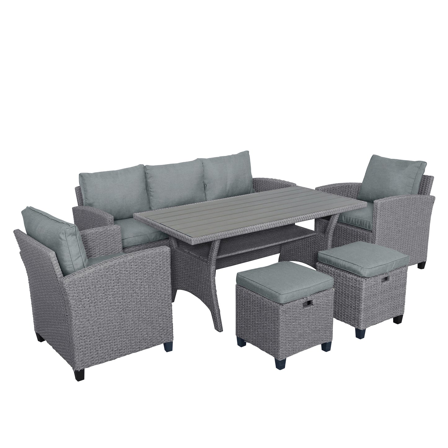 6-Piece Outdoor Rattan Wicker Set Patio Garden Backyard Sofa, Chair, Stools and Table(Gray Rattan+Gray Cushion)