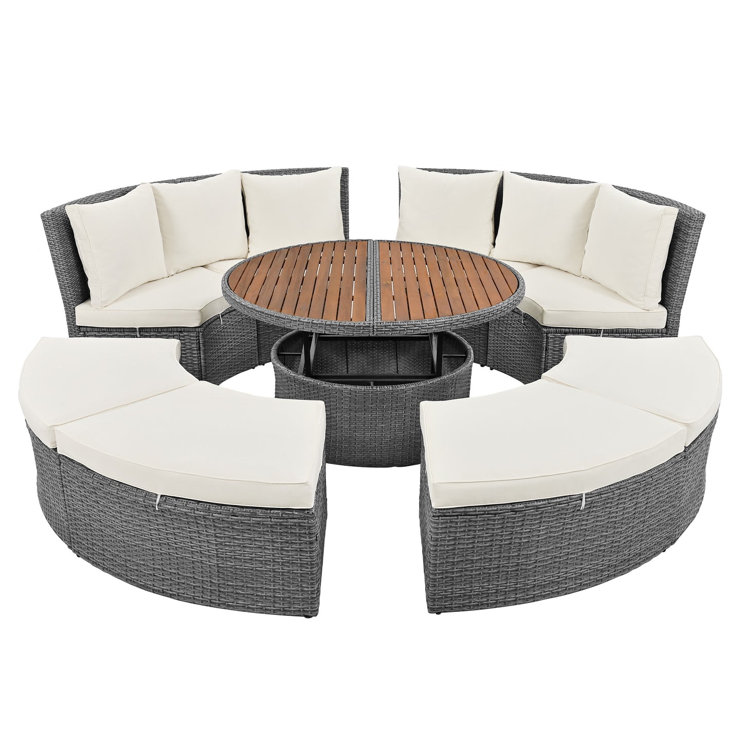 Patio 5-Piece Round Rattan Sectional Sofa Set All-Weather PE Wicker Sunbed Daybed with Round Liftable Table and Washable Cushions for Outdoor Backyard Poolside, Beige