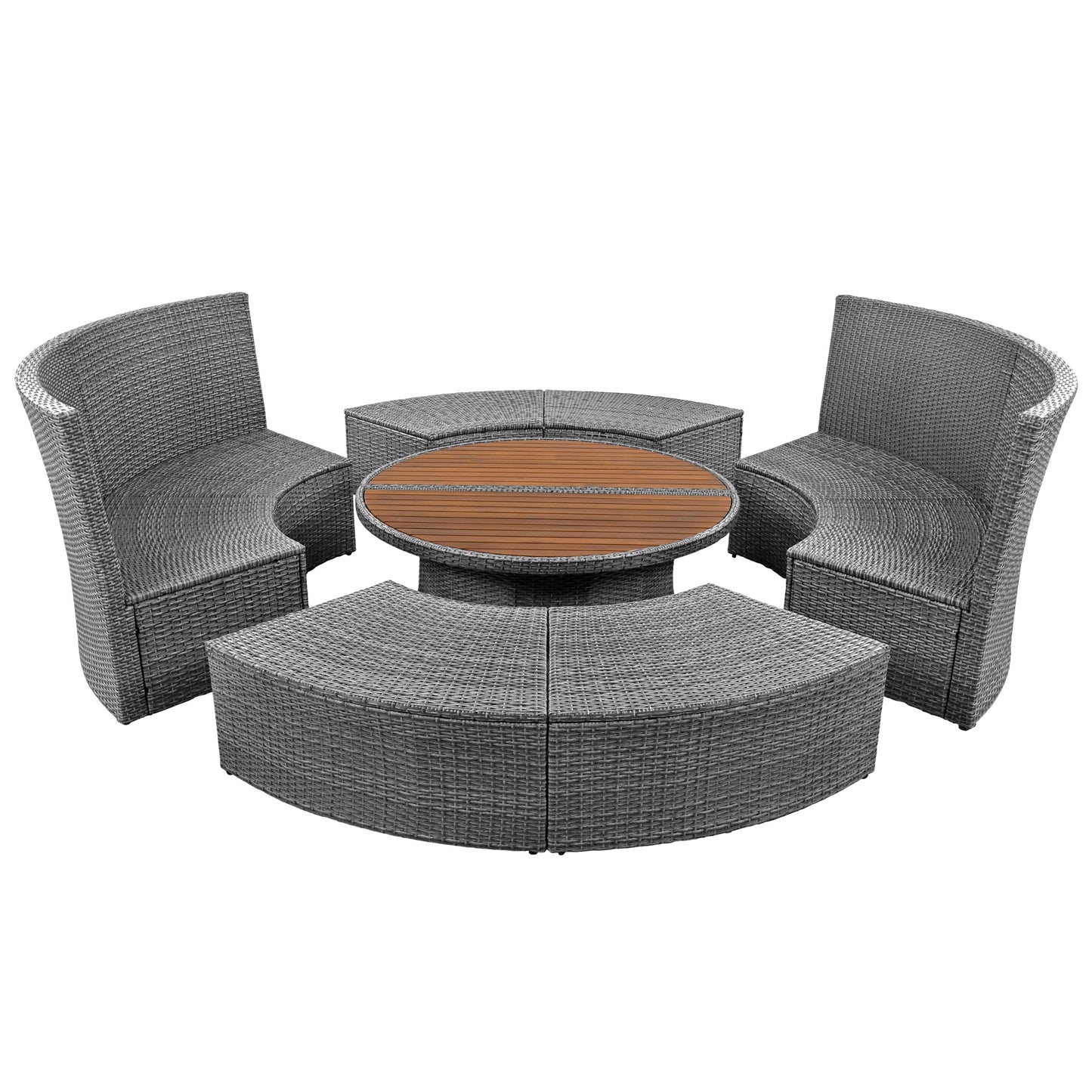 Patio 5-Piece Round Rattan Sectional Sofa Set All-Weather PE Wicker Sunbed Daybed with Round Liftable Table and Washable Cushions for Outdoor Backyard Poolside, Beige