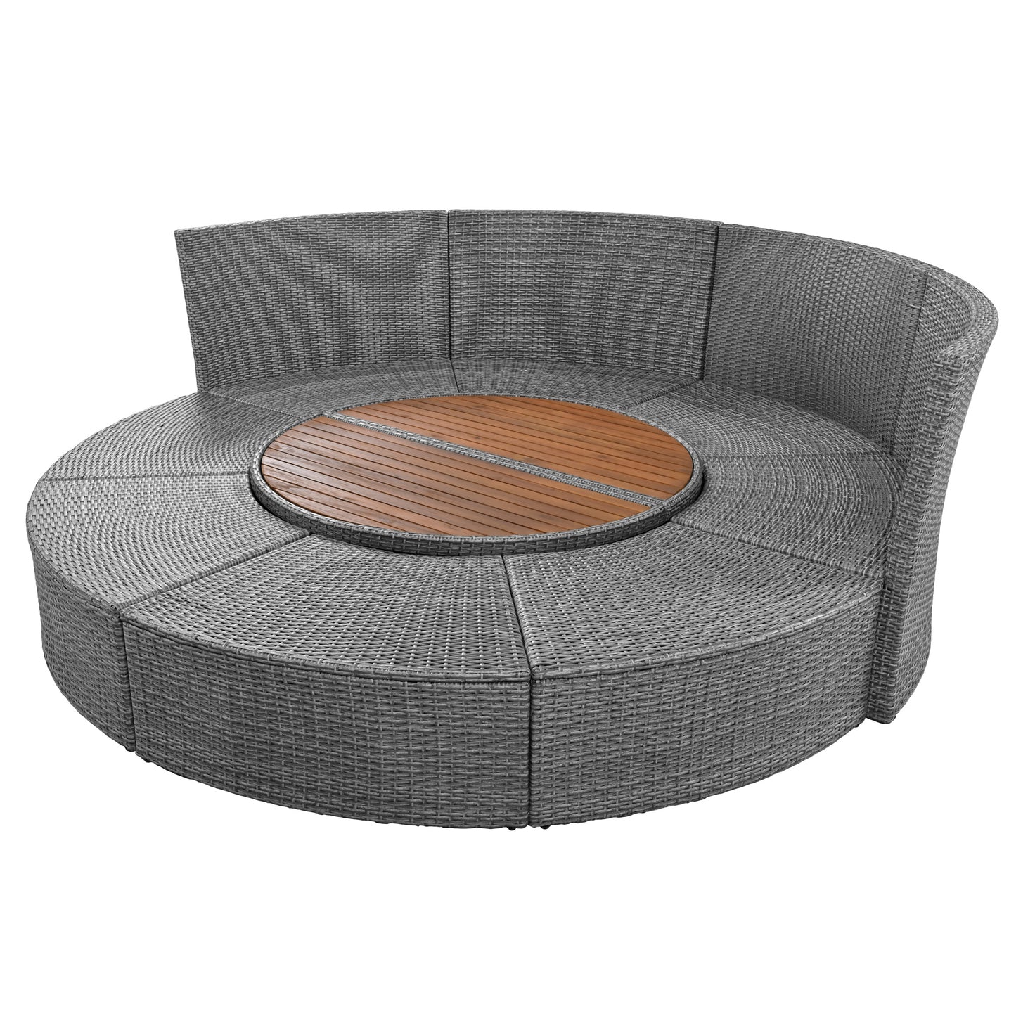 Patio 5-Piece Round Rattan Sectional Sofa Set All-Weather PE Wicker Sunbed Daybed with Round Liftable Table and Washable Cushions for Outdoor Backyard Poolside, Beige