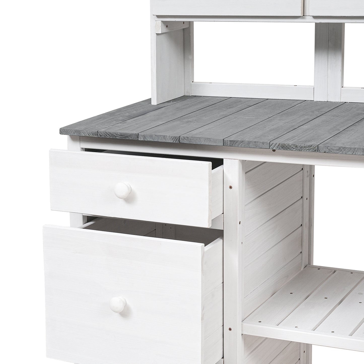 [Video Provided] Garden Potting Bench Table, Rustic and Sleek Design with Multiple Drawers and Shelves for Storage, White and Gray