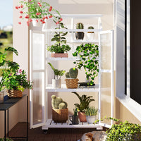 62inch Height Wood Large Greenhouse Balcony Portable Cold Frame with Wheels and Adjustable Shelves for Outdoor Indoor Use, White