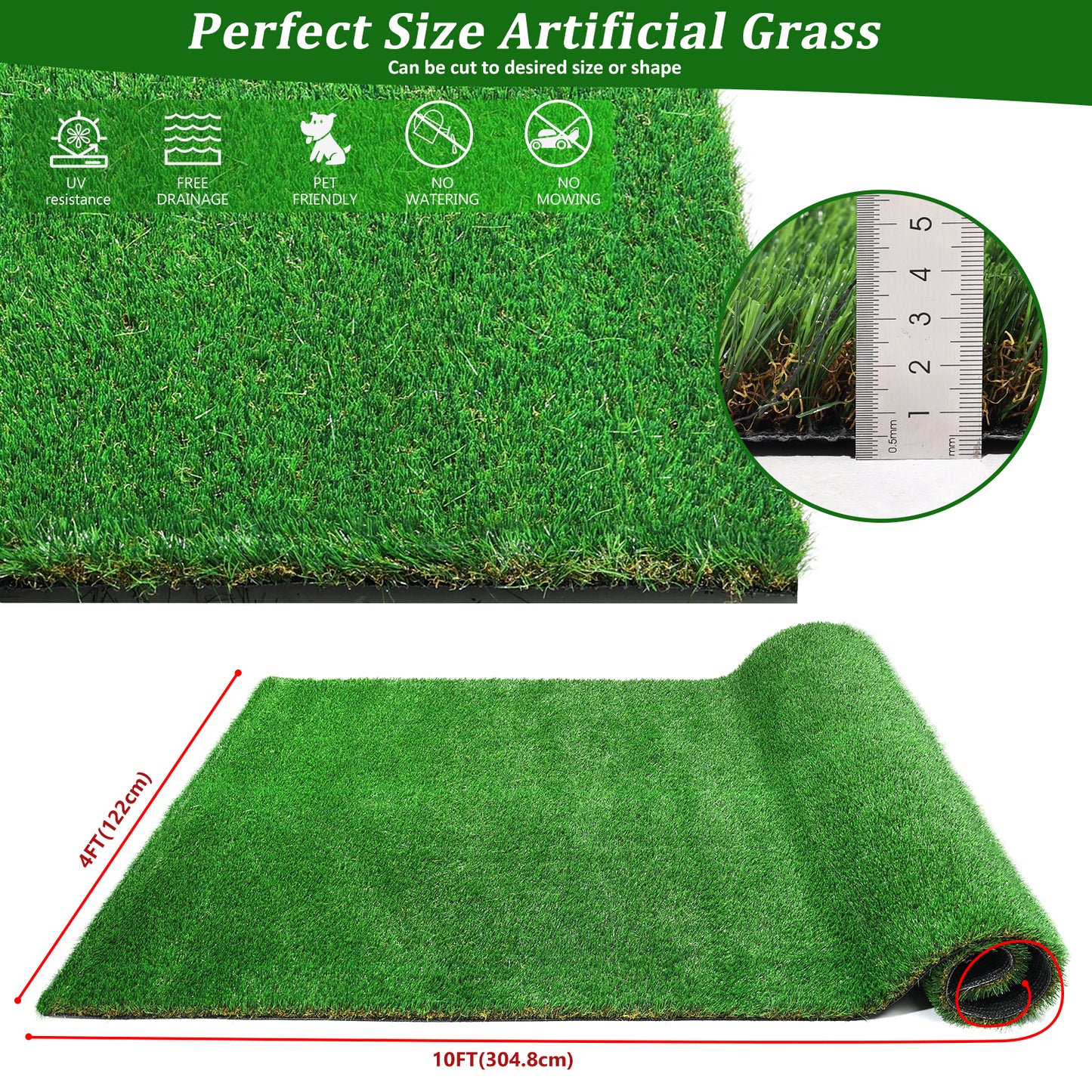 4FTX10FT Outdoor Artificial Grass Runner Rug, Thick Realistic Fake Grass Roll Decor Patio Balcony Garden Lawn, Dog Pets Turf Drain Mat, 1.38" Pile Height