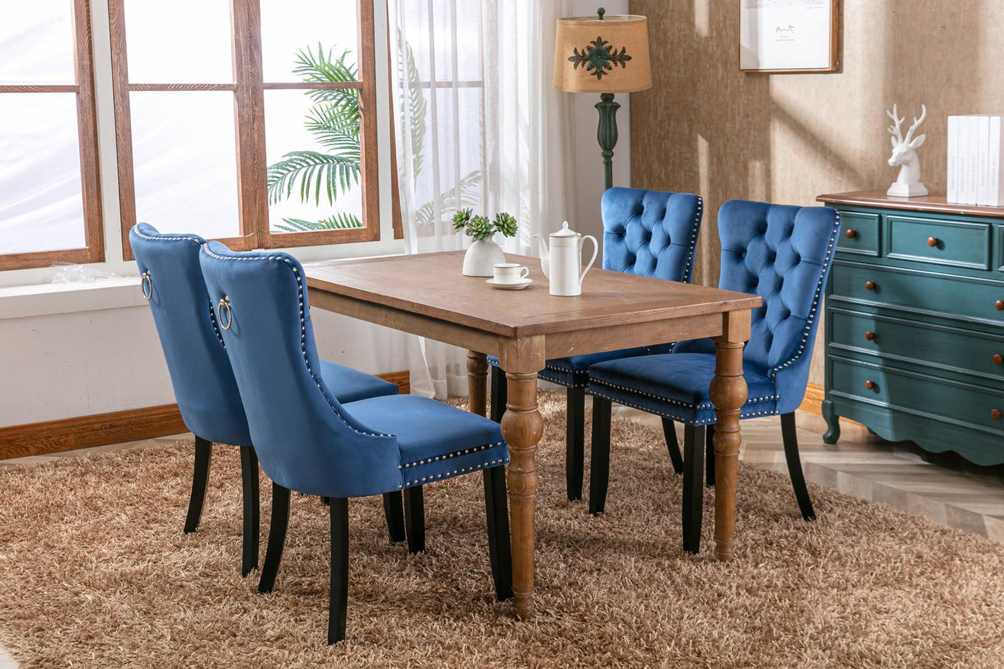 Modern, High-end Tufted Solid Wood Contemporary Velvet Upholstered Dining Chair with Wood Legs Nailhead Trim 2-Pcs Set,Blue