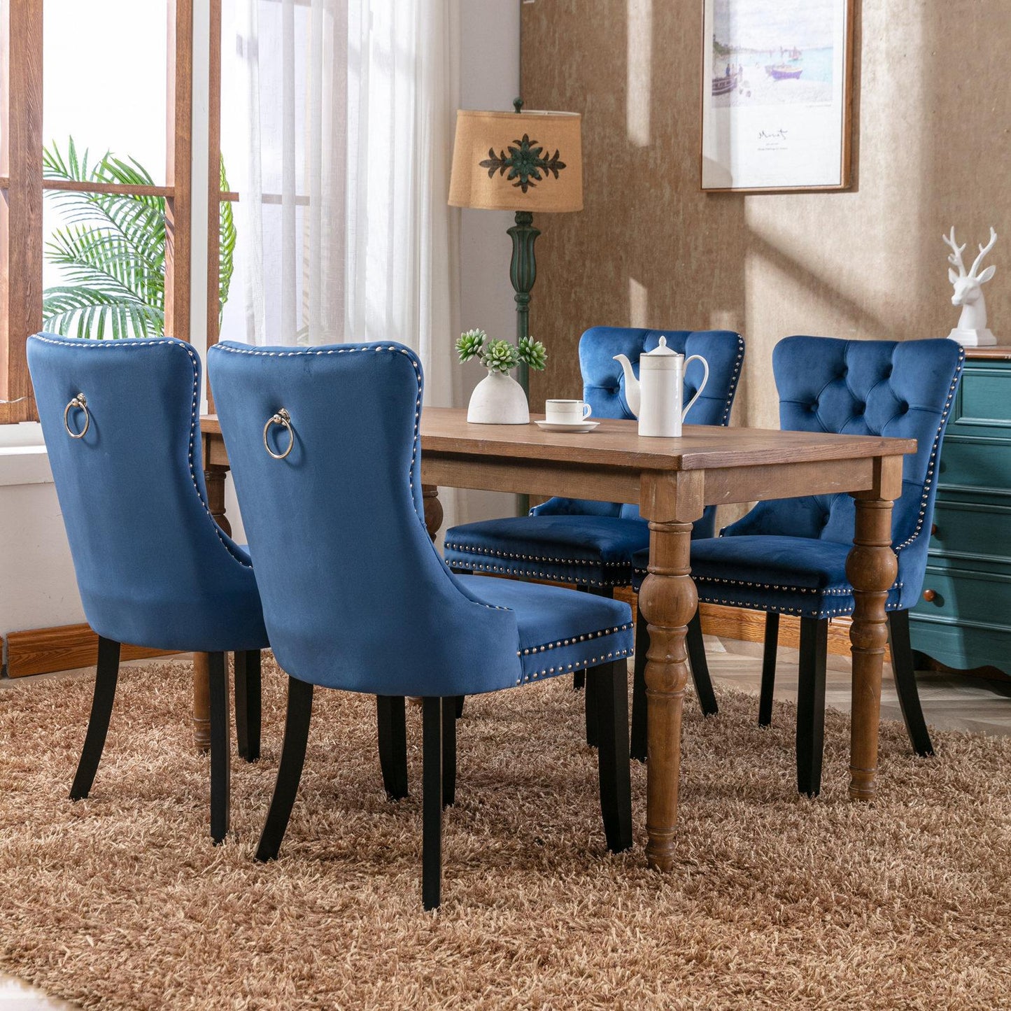 Modern, High-end Tufted Solid Wood Contemporary Velvet Upholstered Dining Chair with Wood Legs Nailhead Trim 2-Pcs Set,Blue