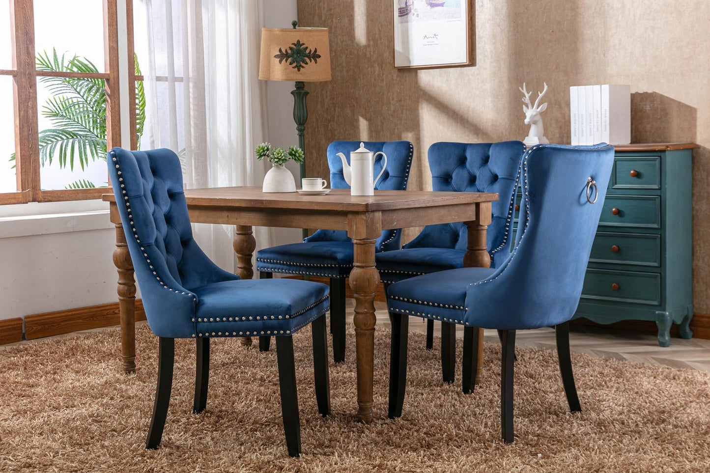 Modern, High-end Tufted Solid Wood Contemporary Velvet Upholstered Dining Chair with Wood Legs Nailhead Trim 2-Pcs Set,Blue