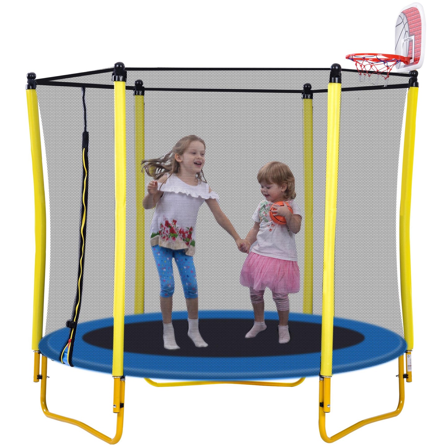 5.5FT Trampoline for Kids - 65" Outdoor & Indoor Mini Toddler Trampoline with Enclosure, Basketball Hoop and Ball Included