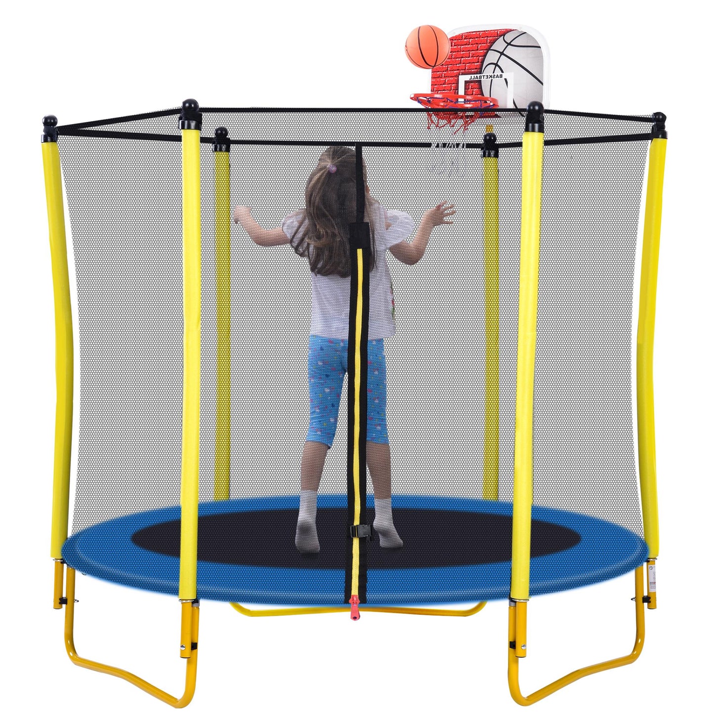 5.5FT Trampoline for Kids - 65" Outdoor & Indoor Mini Toddler Trampoline with Enclosure, Basketball Hoop and Ball Included