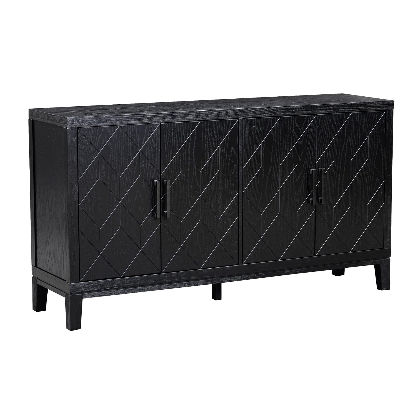 4-door Retro Sideboard with Adjustable Shelves, Two Large Cabinet with Long Handle, for Living Room and Dining Room (Black)