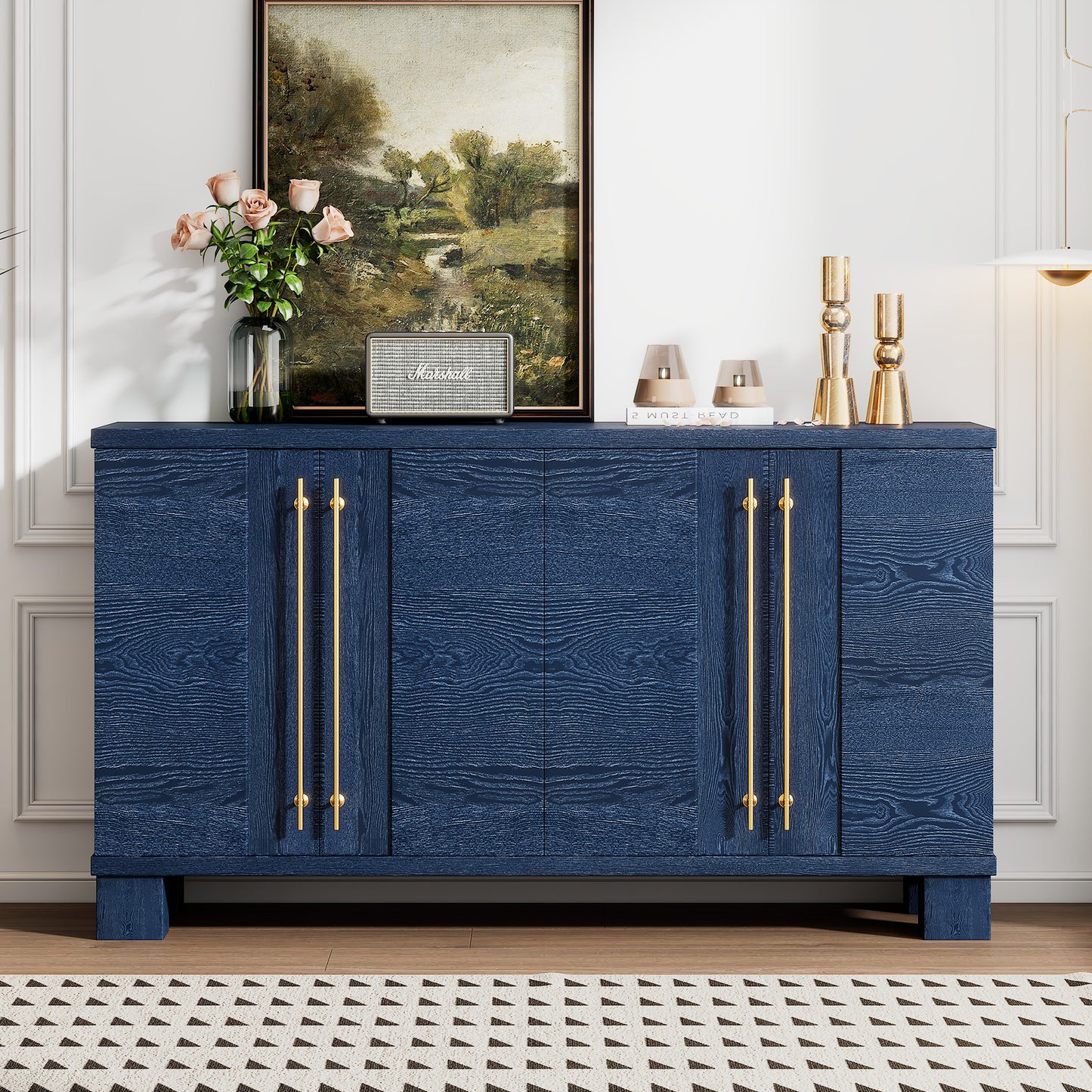 Wood Traditional Style Sideboard with Adjustable Shelves and Gold Handles for Kitchen, Dining Room and Living Room (Antique Navy)