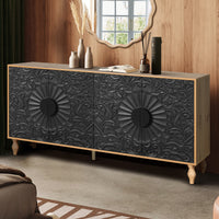 Black Carved Symmetrical Design Door And Wood Coloured Frame For TV Stand Table,Living Room ,Entryway