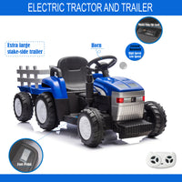 Blue, 12V7AH Battery-Powered Toy Tractor with Trailer, Remote Control, Kids' Electric Excavator Vehicles with 2x35W Dual Motor, Treaded Tires, LED Lights, USB, Music,   - Gifts for Boy, Girl