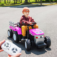 Pink, 12V7AH Battery-Powered Toy Tractor with Trailer, Remote Control, Kids' Electric Excavator Vehicles with 2x35W Dual Motor, Treaded Tires, LED Lights, USB, Music, Safety Belt - Gift Childrens DAY