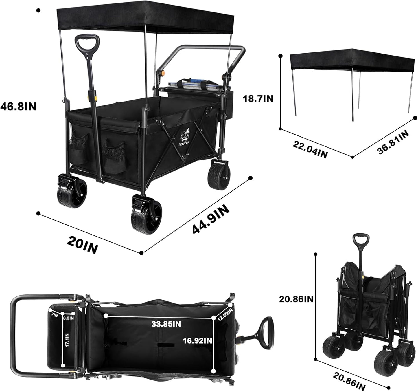 Collapsible Wagon Heavy Duty Folding Wagon Cart with Removable Canopy, 4" Wide Large All Terrain Wheels, Brake, Adjustable Handles,Cooler Bag Utility Carts for Outdoor Garden Wagons Carts Beach Cart