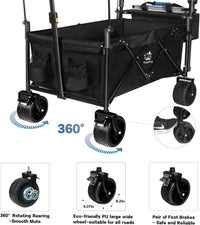 Collapsible Wagon Heavy Duty Folding Wagon Cart with Removable Canopy, 4" Wide Large All Terrain Wheels, Brake, Adjustable Handles,Cooler Bag Utility Carts for Outdoor Garden Wagons Carts Beach Cart