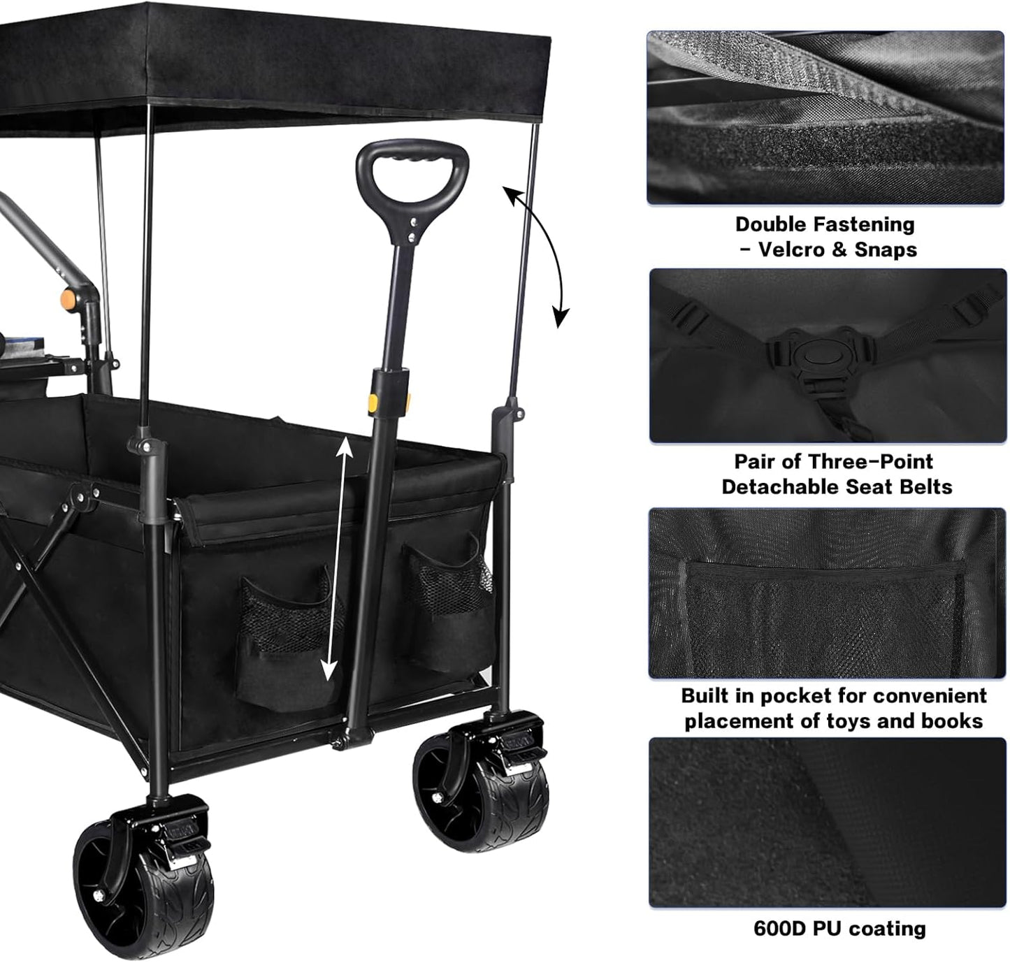 Collapsible Wagon Heavy Duty Folding Wagon Cart with Removable Canopy, 4" Wide Large All Terrain Wheels, Brake, Adjustable Handles,Cooler Bag Utility Carts for Outdoor Garden Wagons Carts Beach Cart