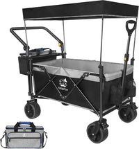 Collapsible Wagon Heavy Duty Folding Wagon Cart with Removable Canopy, 4" Wide Large All Terrain Wheels, Brake, Adjustable Handles,Cooler Bag Utility Carts for Outdoor Garden Wagons Carts Beach Cart