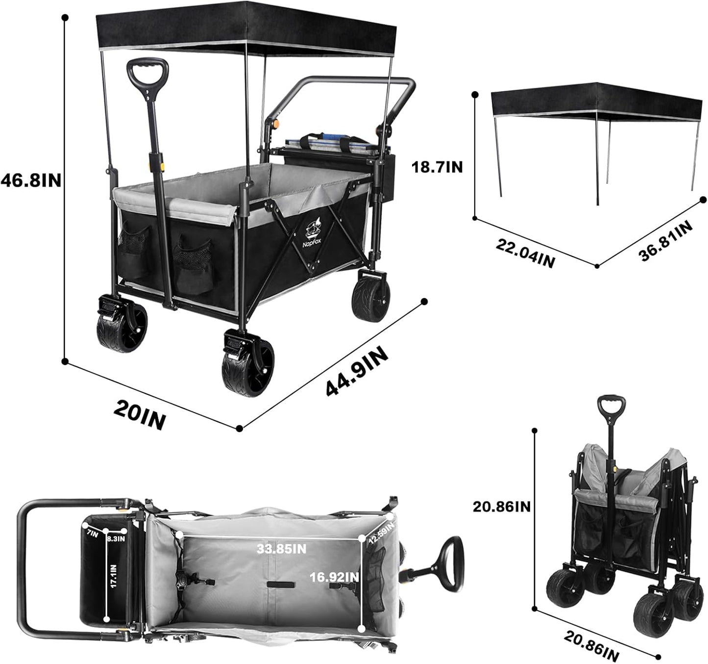 Collapsible Wagon Heavy Duty Folding Wagon Cart with Removable Canopy, 4" Wide Large All Terrain Wheels, Brake, Adjustable Handles,Cooler Bag Utility Carts for Outdoor Garden Wagons Carts Beach Cart