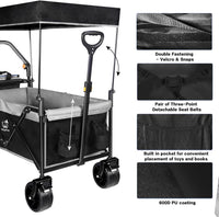 Collapsible Wagon Heavy Duty Folding Wagon Cart with Removable Canopy, 4" Wide Large All Terrain Wheels, Brake, Adjustable Handles,Cooler Bag Utility Carts for Outdoor Garden Wagons Carts Beach Cart