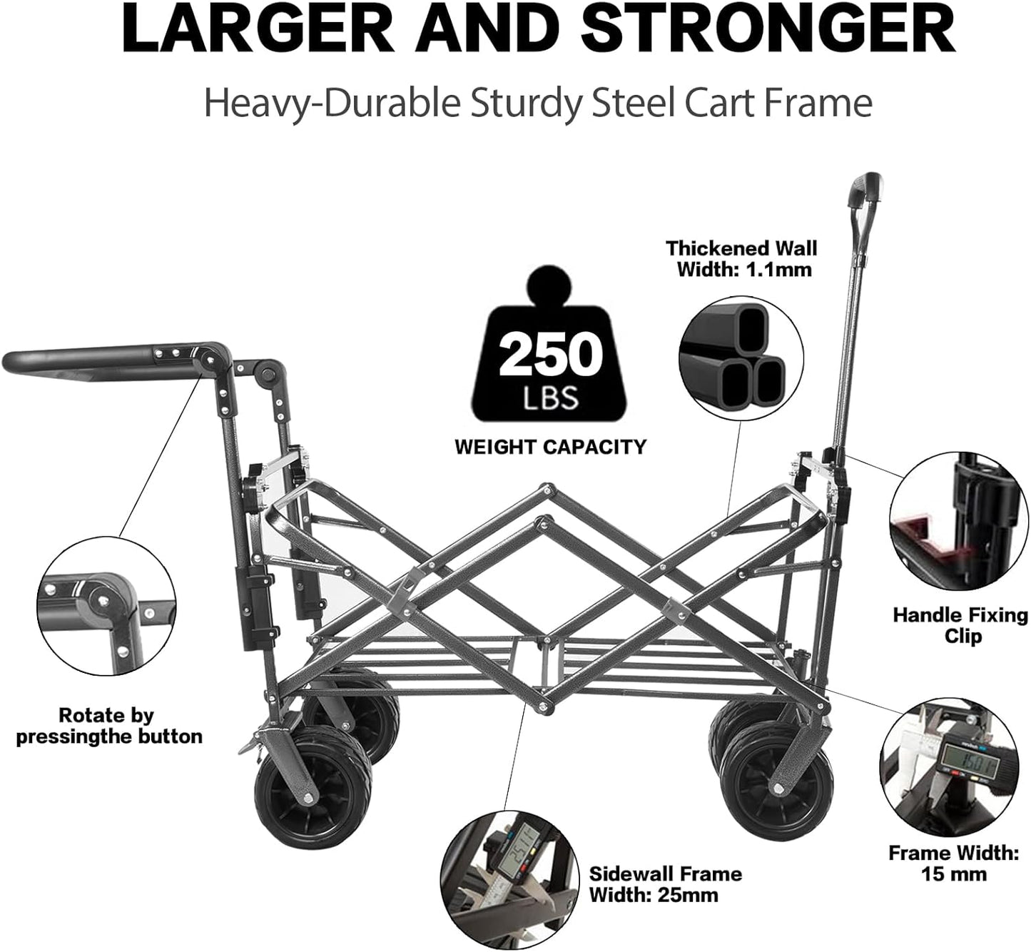 Collapsible Wagon Heavy Duty Folding Wagon Cart with Removable Canopy, 4" Wide Large All Terrain Wheels, Brake, Adjustable Handles, Cooler Bag Utility Carts for Outdoor Garden Wagons Carts Beach Cart