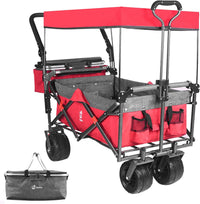 Collapsible Wagon Heavy Duty Folding Wagon Cart with Removable Canopy, 4" Wide Large All Terrain Wheels, Brake, Adjustable Handles, Cooler Bag Utility Carts for Outdoor Garden Wagons Carts Beach Cart