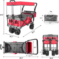 Collapsible Wagon Heavy Duty Folding Wagon Cart with Removable Canopy, 4" Wide Large All Terrain Wheels, Brake, Adjustable Handles, Cooler Bag Utility Carts for Outdoor Garden Wagons Carts Beach Cart