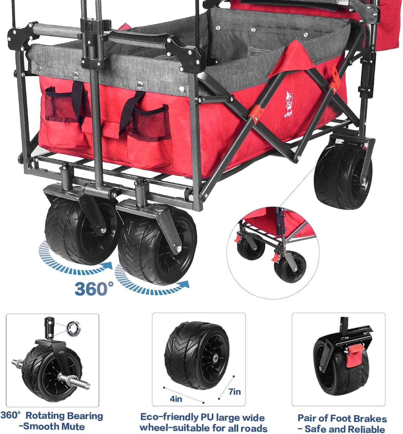 Collapsible Wagon Heavy Duty Folding Wagon Cart with Removable Canopy, 4" Wide Large All Terrain Wheels, Brake, Adjustable Handles, Cooler Bag Utility Carts for Outdoor Garden Wagons Carts Beach Cart