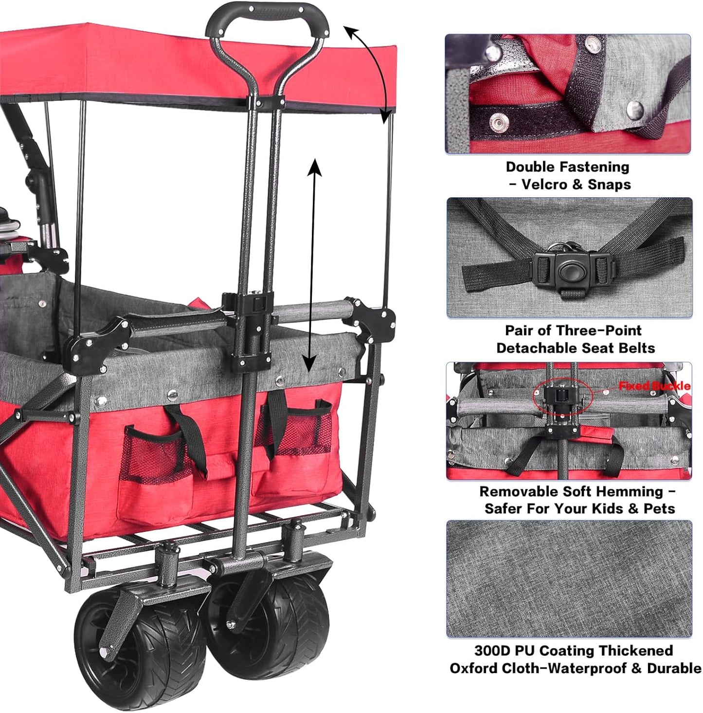 Collapsible Wagon Heavy Duty Folding Wagon Cart with Removable Canopy, 4" Wide Large All Terrain Wheels, Brake, Adjustable Handles, Cooler Bag Utility Carts for Outdoor Garden Wagons Carts Beach Cart