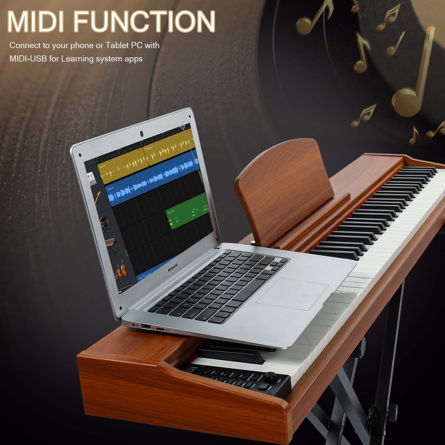 【Do Not Sell on Amazon】GPP-107 88 Key Full Size Semi-Weighted Standard Keyboards Wooden Digital Piano with Stand,MIDI Bluetooth,Triple Pedals,Headphone and other accessories, Walnut color