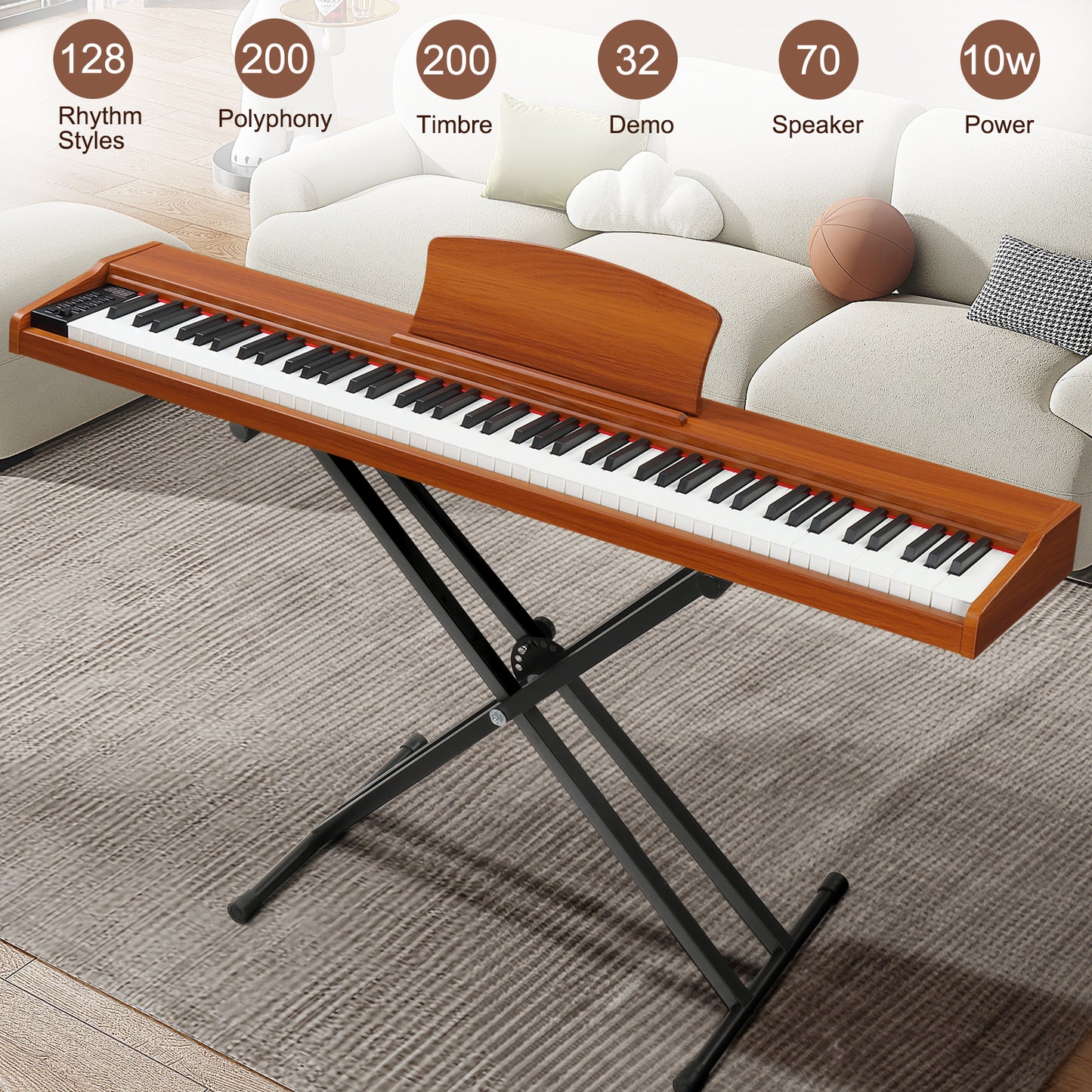 【Do Not Sell on Amazon】GPP-107 88 Key Full Size Semi-Weighted Standard Keyboards Wooden Digital Piano with Stand,MIDI Bluetooth,Triple Pedals,Headphone and other accessories, Walnut color